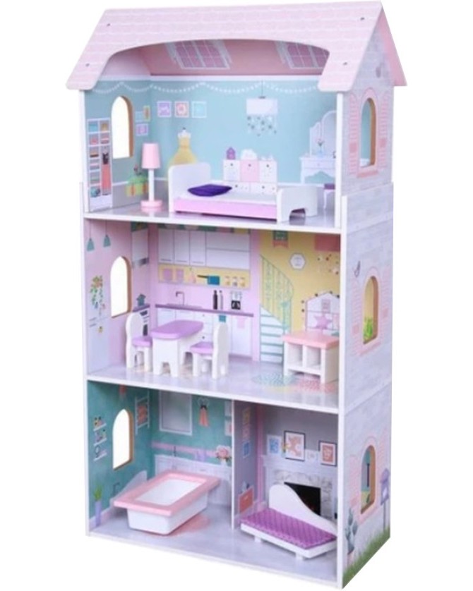 Дървена къща за кукли Anna - Moni Дървена къща за кукли Anna - Moni - В комплект с обзавеждане - играчка