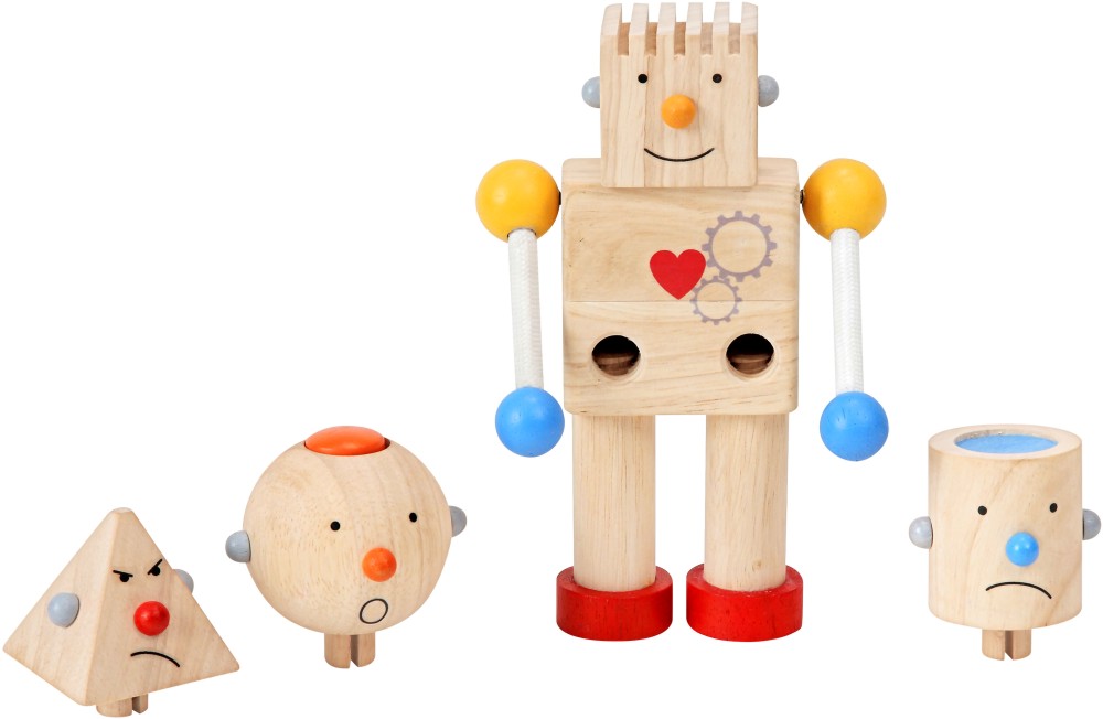 Дървен робот - С 4 сменящи се глави - играчка