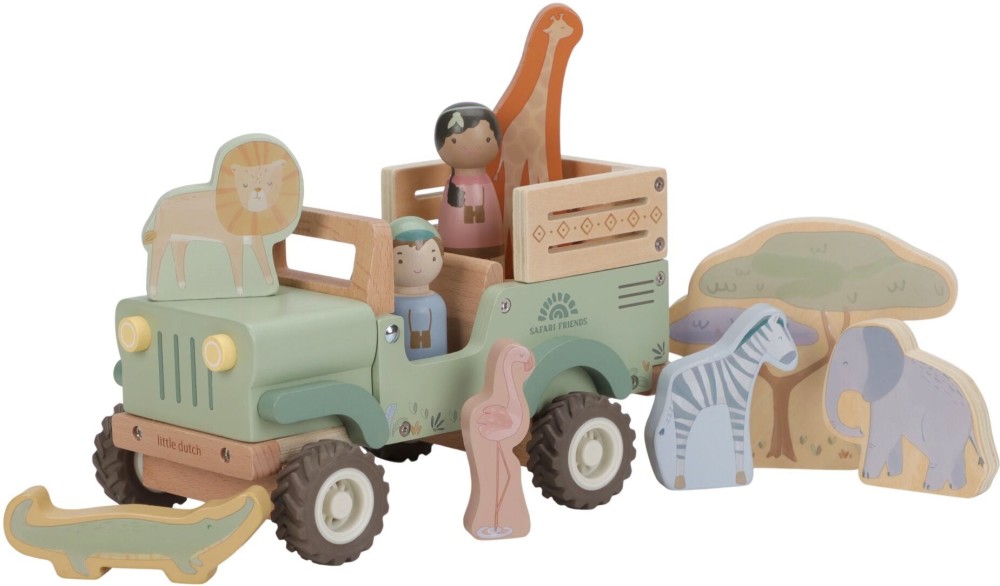 Дървен джип с животни Little Dutch Дървен джип с животни Little Dutch - От серията Safari Friends - играчка