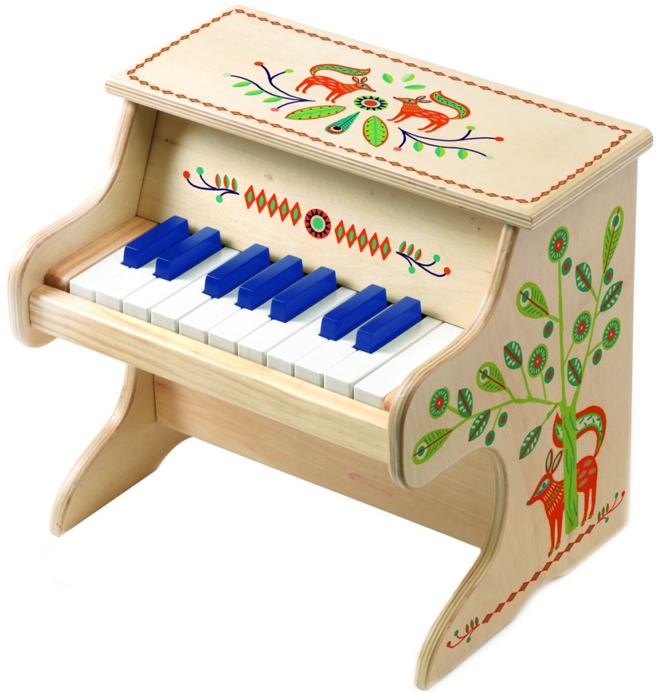 Дървено електронно пиано - Детски музикален инструмент от серията "Animambo" - играчка