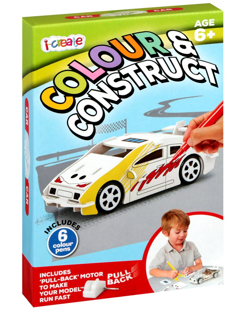 Създай сам - Кола Създай сам - Кола - Комплект картонен модел с флумастери за оцветяване от серията "i-create" - играчка