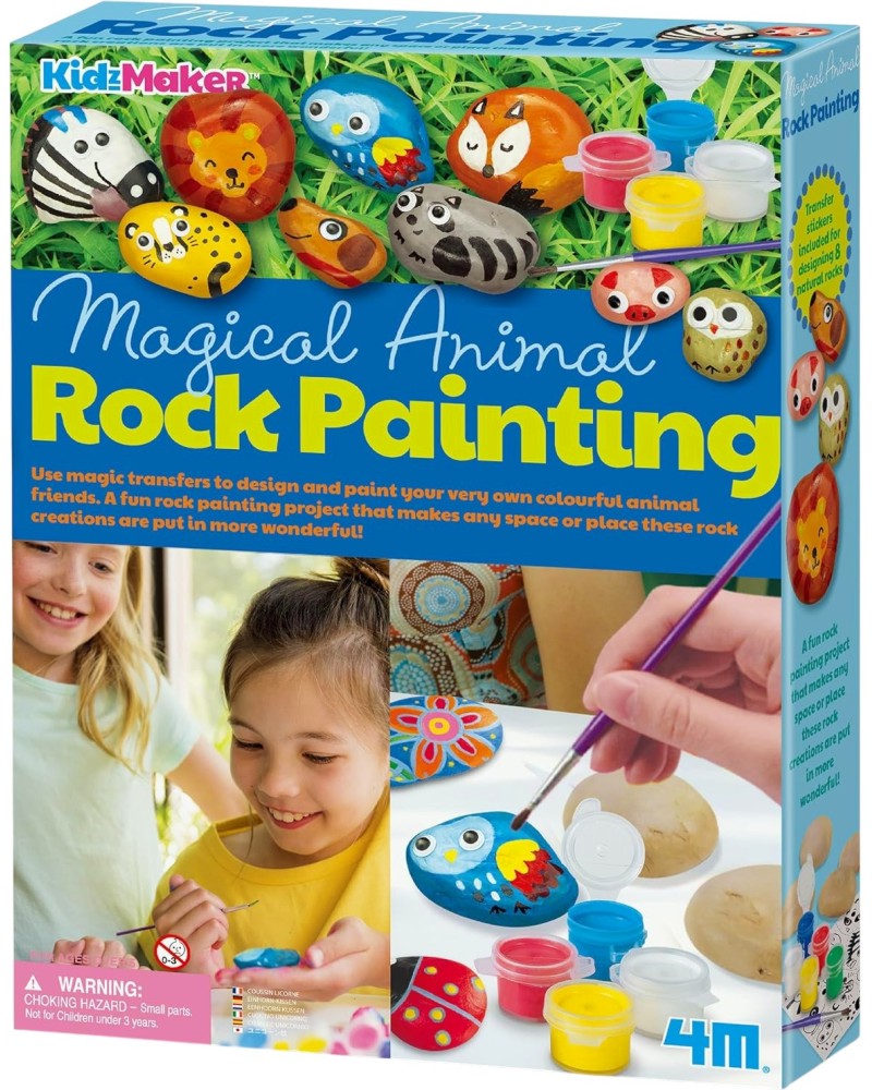 Оцвети сам камък с животни - 4M Оцвети сам камък с животни - 4M - Творчески комплект от серията Kidz Maker - творчески комплект