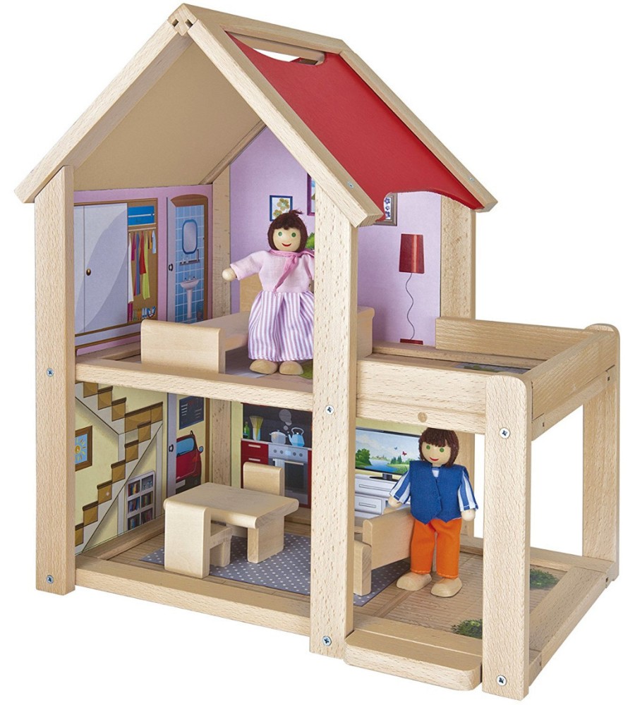 Дървена къща за кукли - Обзаведена с мебели - играчка