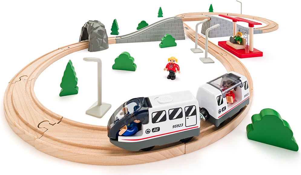 Дървено влакче с релси и локомотив - Woodyland Дървено влакче с релси и локомотив - Woodyland - С батерия, 45 части - играчка