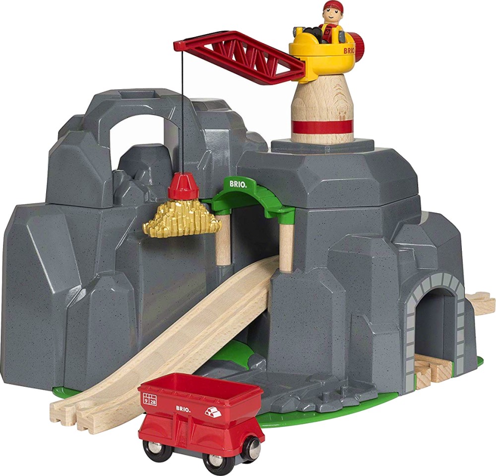Кран и планинска мина - Дървена играчка със звукови ефекти от серията "Brio: Комплекти с релси" - играчка