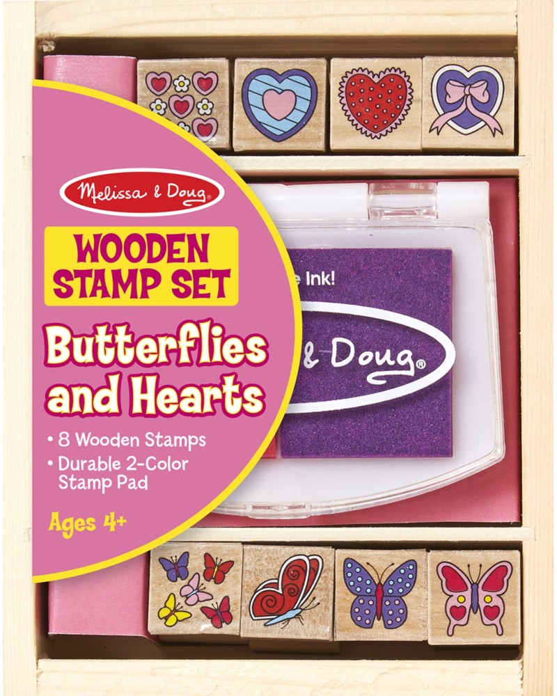 Дървени печати Melissa & Doug - Сърца и пеперуди - Творчески комплект - творчески комплект