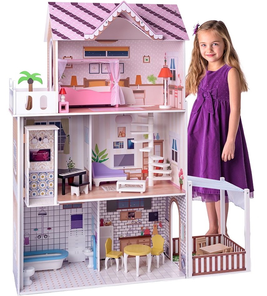 Обзаведена къща за кукли с асансьор - Дървен комплект за игра - играчка