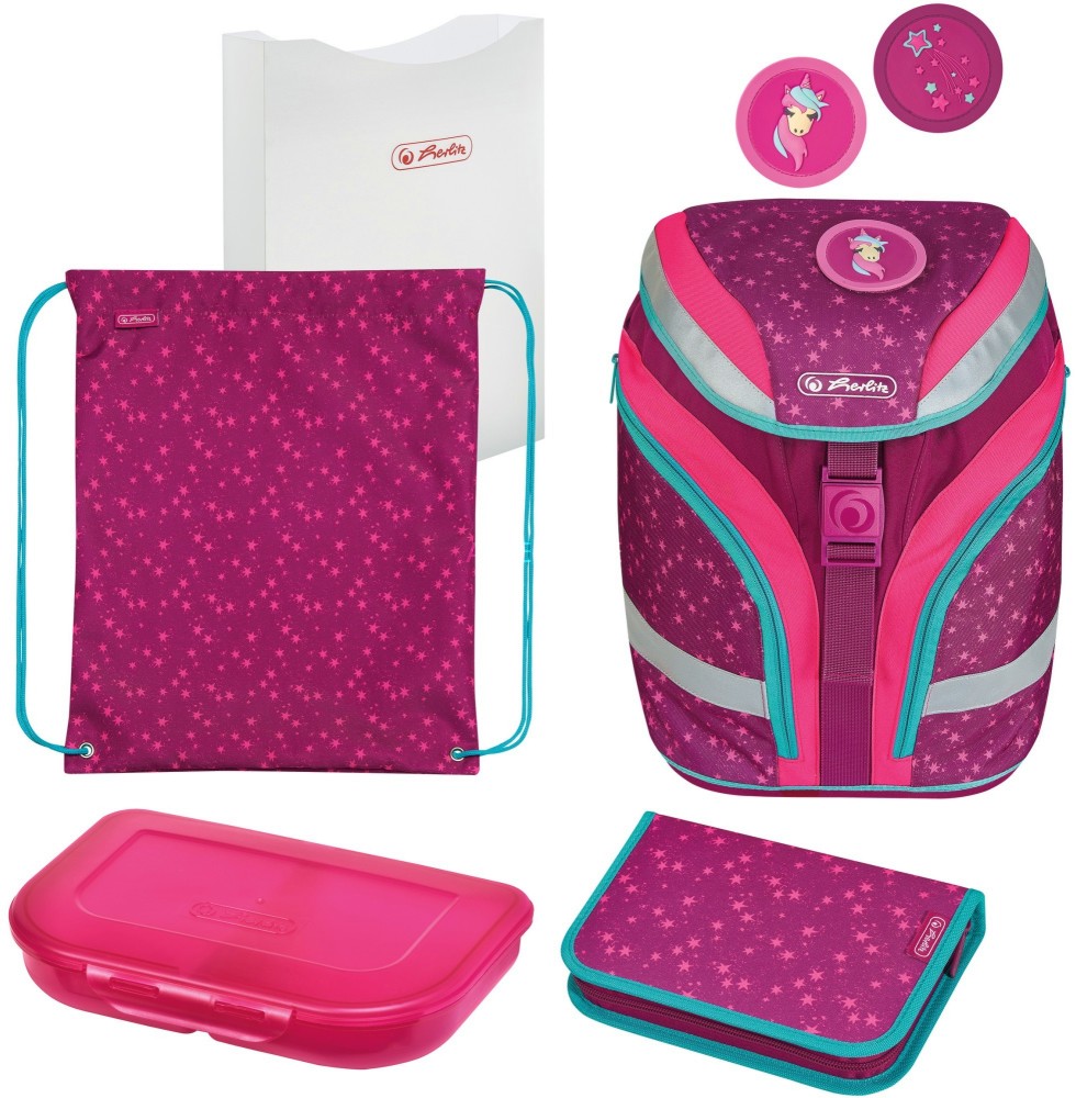 Ученическа раница Herlitz Softflex Plus - Комплект със спортна торба, папка, несесер и кутия за храна от серията "Unicorn Stars" - раница