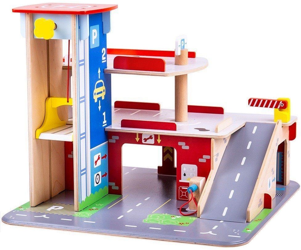 Дървена паркинг писта с асансьор Bigjigs Toys - играчка