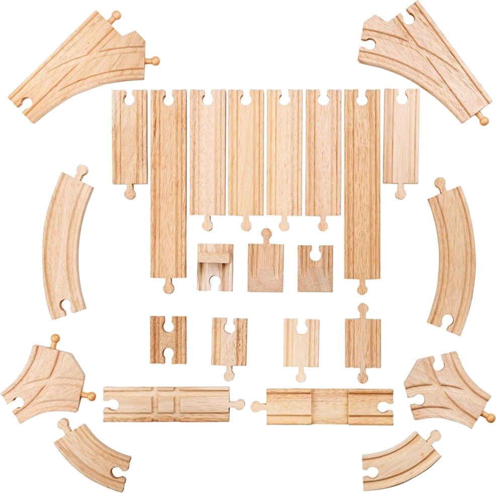 Релси и разклонения - Дървен комплект от 25 броя - играчка