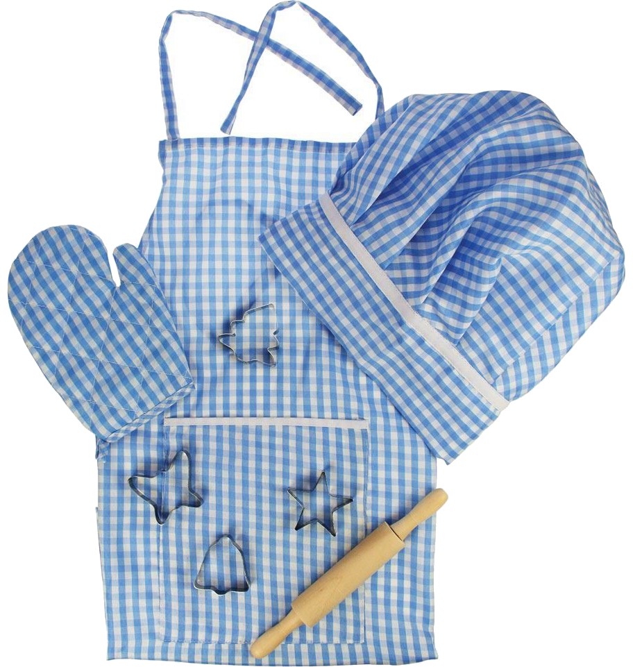 Детска готварска униформа Bigjigs Toys - Комплект от престилка, шапка, точилка, ръкавица и формички за сладки - играчка