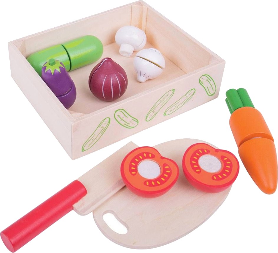 Дървени зеленчуци за рязане в щайга Bigjigs Toys - С ножче и дъска - играчка