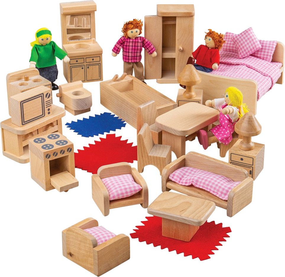 Обзавеждане за куклена къща - Детски дървен комплект за игра с 4 куклички - играчка