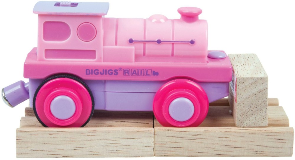 Розов локомотив с релси Bigjigs Toys - От серията Rails - играчка