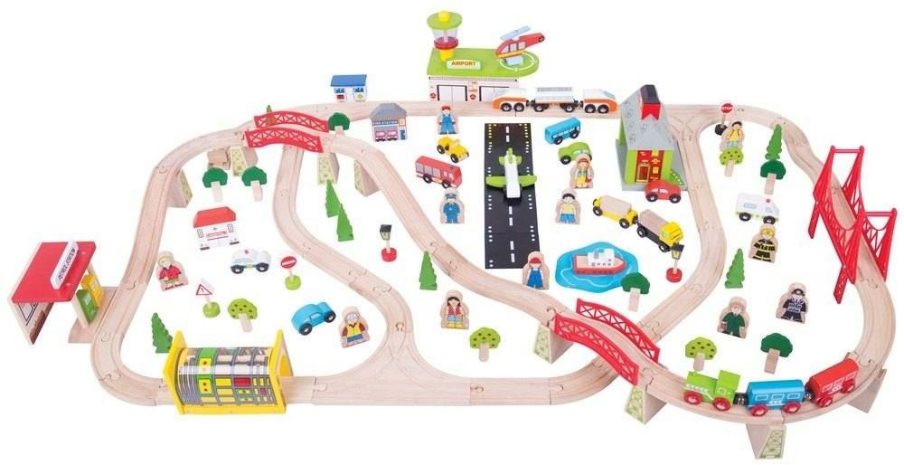 Транспортна железопътна линия Bigjigs Toys - Дървен комплект за игра с аксесоари от серията Rail - играчка