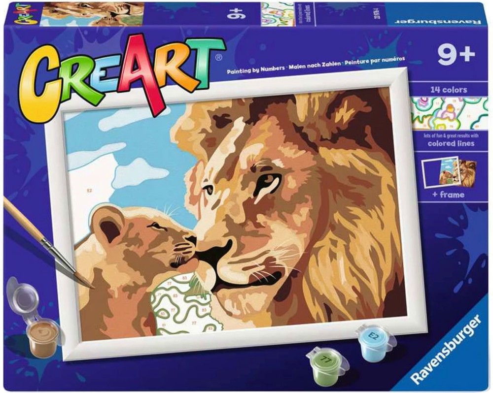 Нарисувай картина Лъв и лъвче - Ravensburger Нарисувай картина Лъв и лъвче - Ravensburger - Творчески комплект с акрилни бои от серията CreArt - творчески комплект