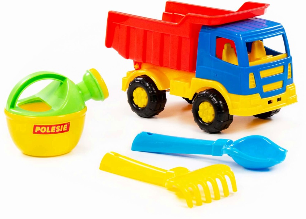 Детски камион самосвал за игра с пясък Детски камион самосвал за игра с пясък - С аксесоари - играчка