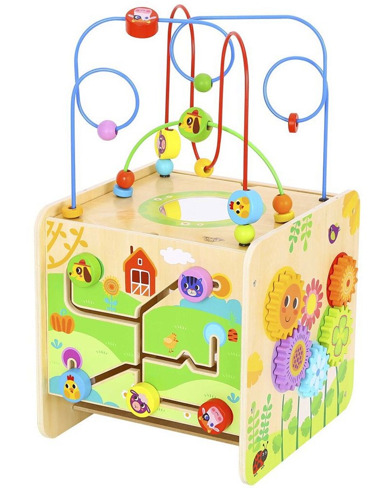 Дървен дидактически куб Tooky Toy - Ферма - играчка