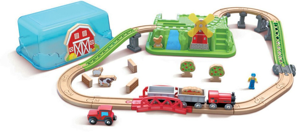 Железопътна линия в кутия - Ферма - Детски дървен комплект за игра - играчка