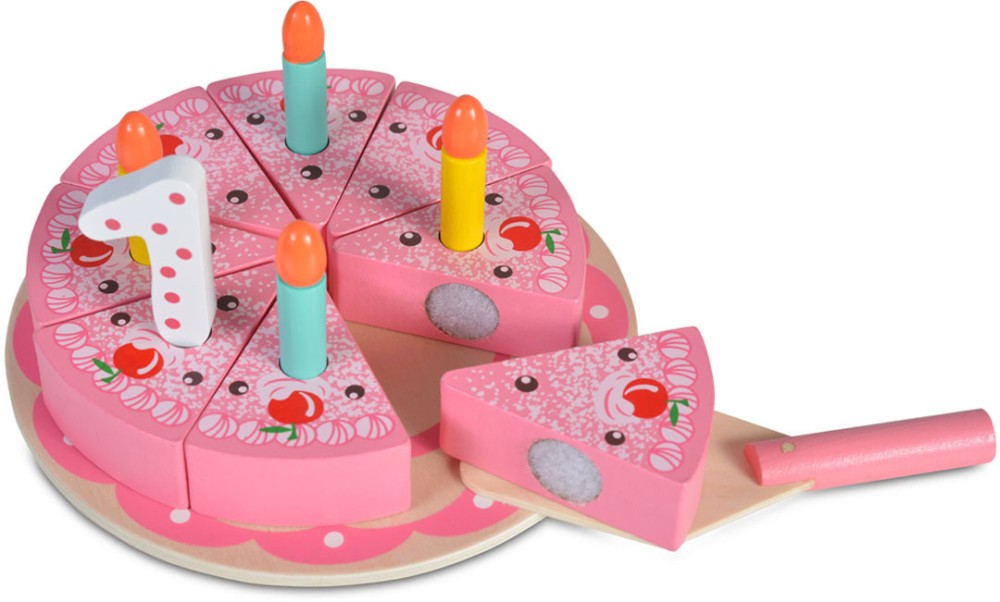 Дървена торта за рязане Moni - Happy Birthday - С аксесоари - играчка