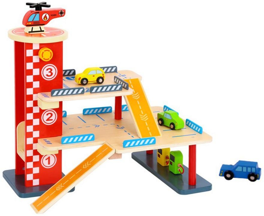 Дървен паркинг с хеликоптерна площадка Tooky Toy - В комплект с 3 колички и хеликоптер - играчка