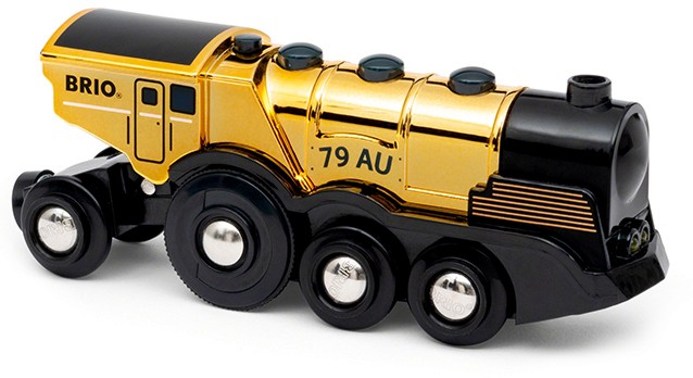 Локомотив Brio Mighty Gold Локомотив Brio Mighty Gold - Със звук и светлина от серията Trains - играчка