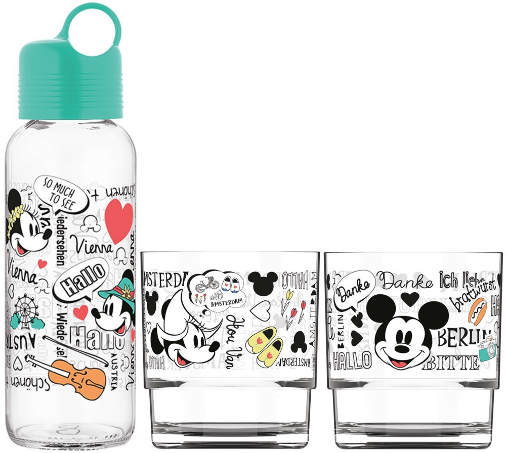Стъклена бутилка и 2 чаши - Мики и Мини на пътешествие - От серията "Мики Маус и приятели" - аксесоар