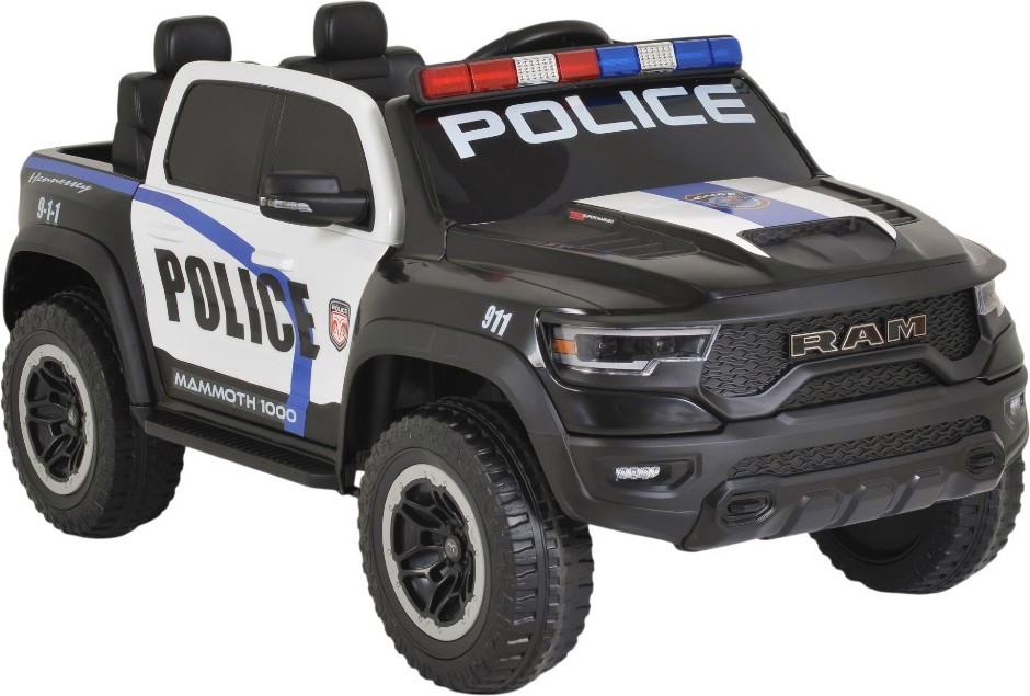 Акумулаторен джип Ram Mammoth 1000 - Полиция Акумулаторен джип Ram Mammoth 1000 - Полиция - С размери 107 / 62 / 57 cm - играчка