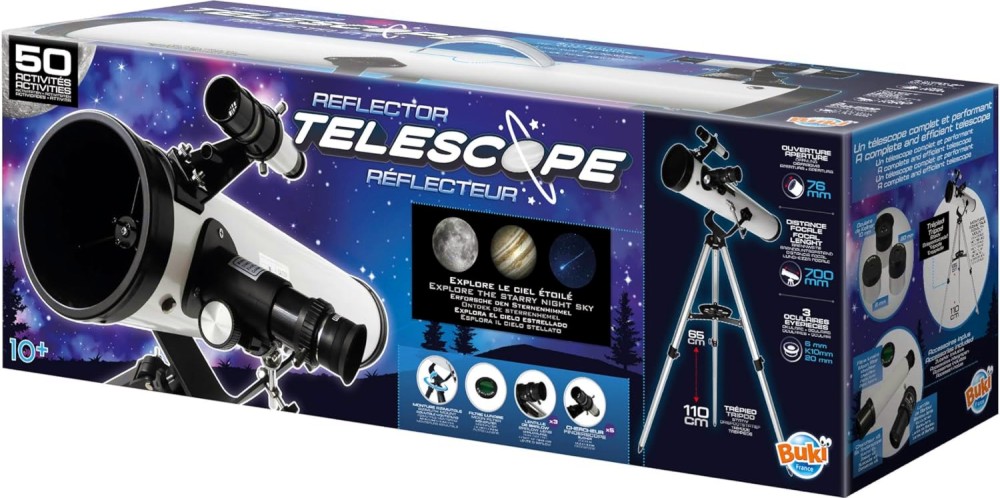 Рефлекторен телескоп - Buki France Рефлекторен телескоп - Buki France - Образователна играчка с 50 дейности - телескоп