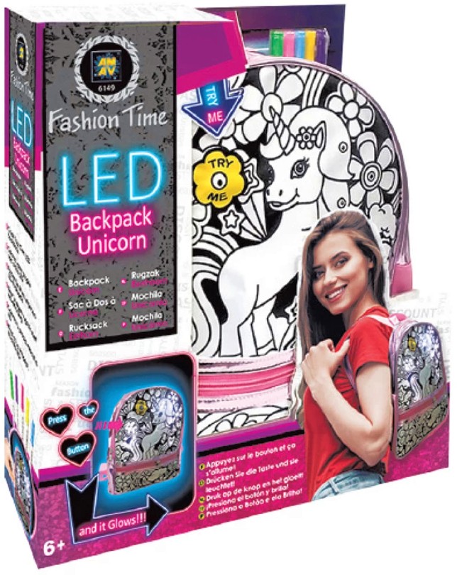 Раница за оцветяване с LED светлини - Еднорог - С текстилни маркери за оцветяване - раница