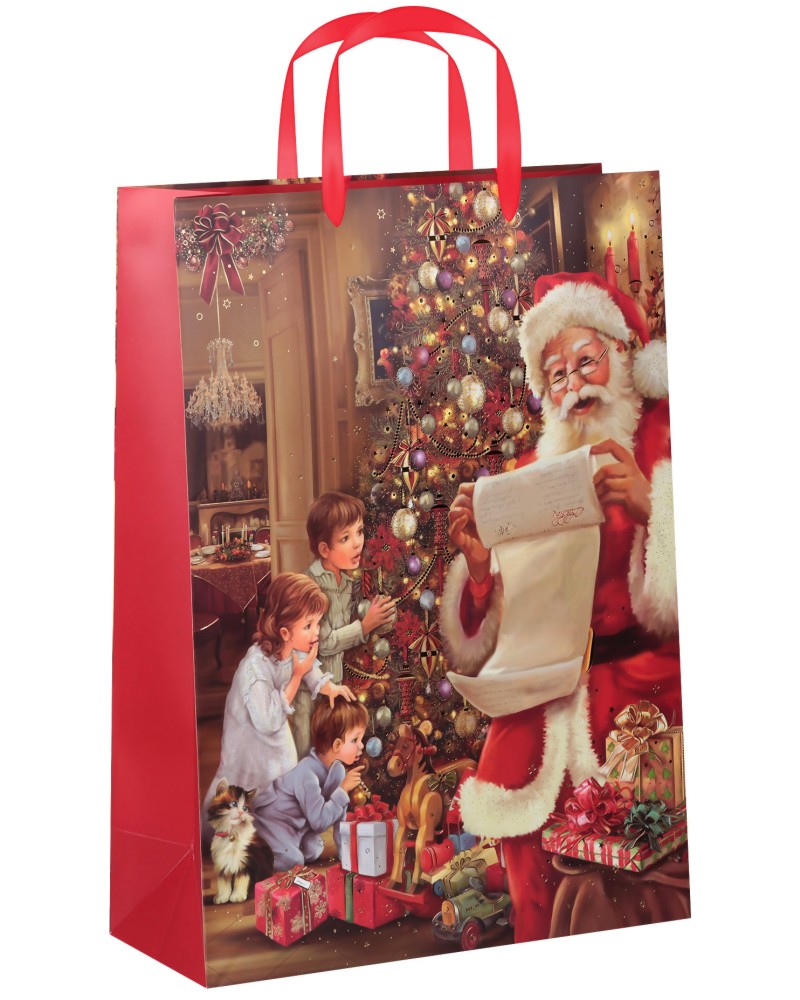 Хартиена подаръчна торбичка Unic Art - Весели празници - С текстилни дръжки и размери 33 / 46 / 14 cm - продукт