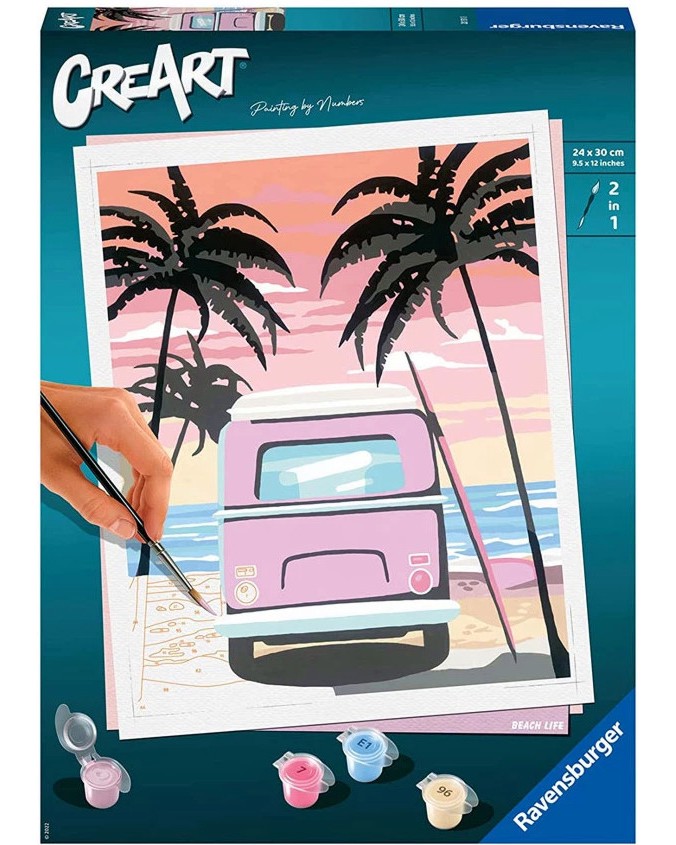 Нарисувай картина с Живота на плажа - Ravensburger Нарисувай картина с Живота на плажа - Ravensburger - Творчески комплект с акрилни бои от серията CreArt - творчески комплект