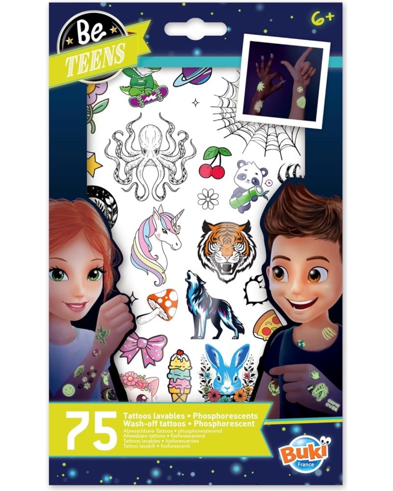 Временни татуировки - Buki France Временни татуировки - Buki France - 75 броя, светещи в тъмното - играчка