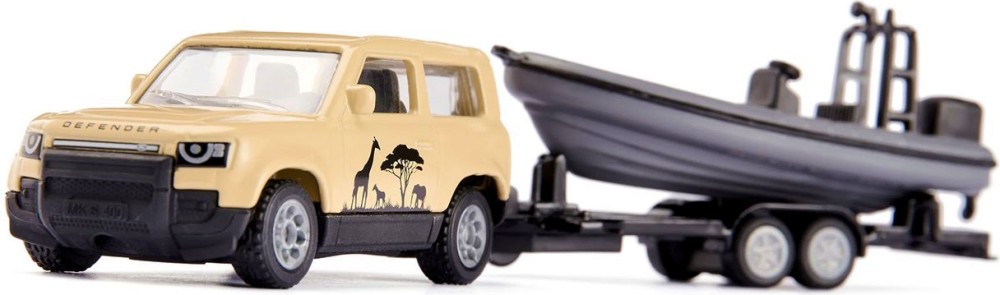 Метална количка Land Rover Defender с лодка - Siku Метална количка Land Rover Defender с лодка - Siku - играчка