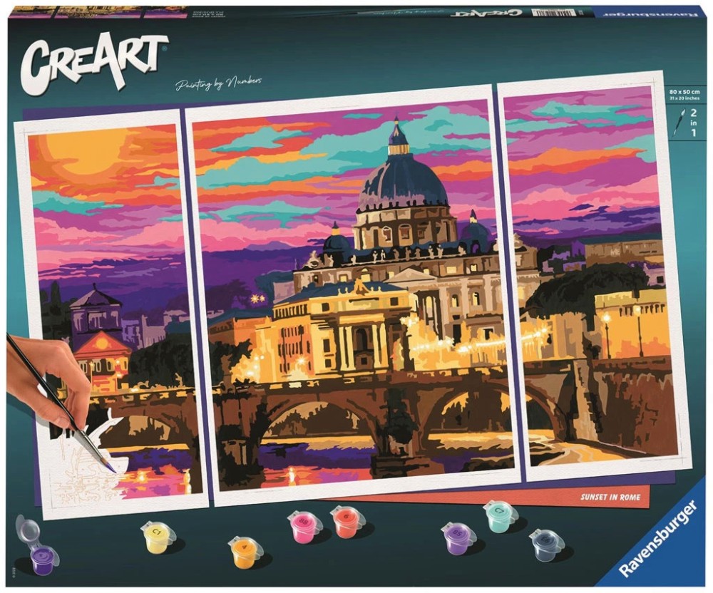 Нарисувай картина на Залез в Рим - Ravensburger Нарисувай картина на Залез в Рим - Ravensburger - Творчески комплект с акрилни бои от серията CreArt - играчка