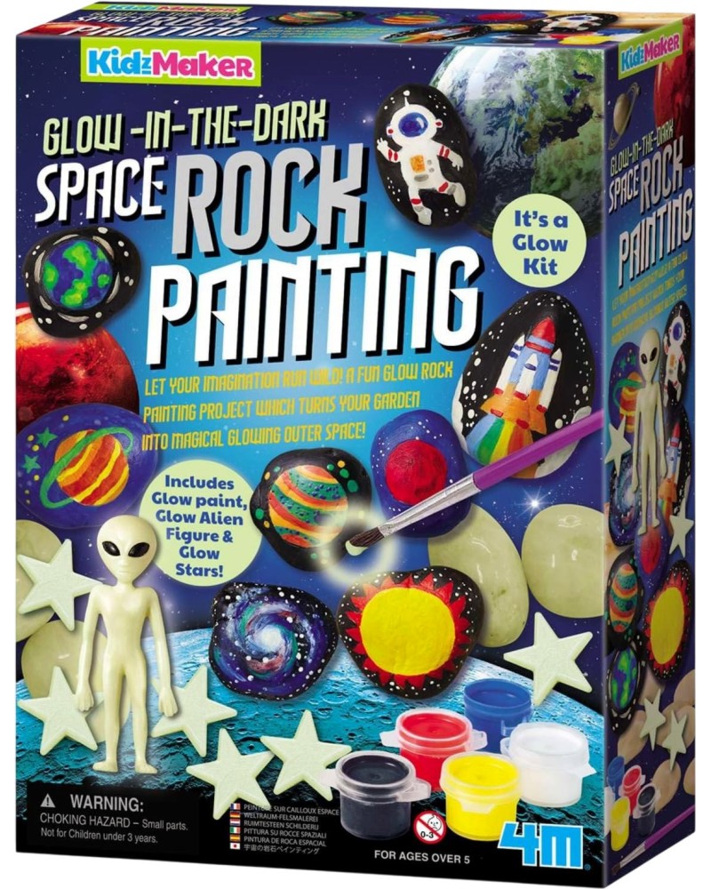 Рисуване върху камък Светещ космос - 4M Рисуване върху камък Светещ космос - 4M - Творчески комплект от серията Kidz Maker - творчески комплект