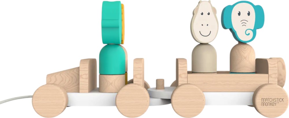 Дървена играчка за дърпане и сортиране Matchstick Monkey Safari Jeep Дървена играчка за дърпане и сортиране Matchstick Monkey Safari Jeep - играчка