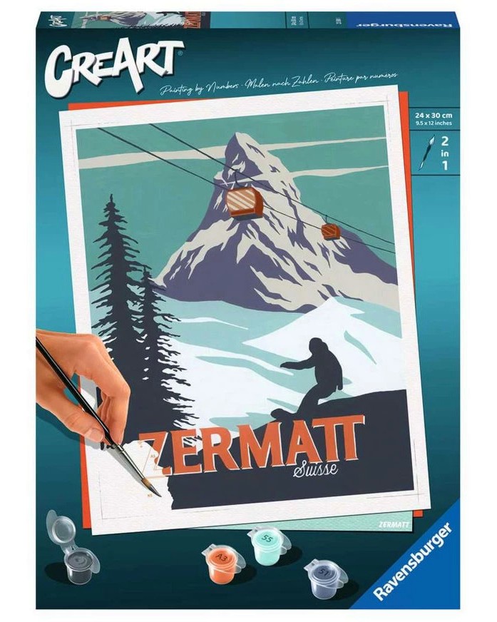 Нарисувай картина на Цермат, Швейцария - Ravensburger Нарисувай картина на Цермат, Швейцария - Ravensburger - Творчески комплект с акрилни бои от серията CreArt - творчески комплект