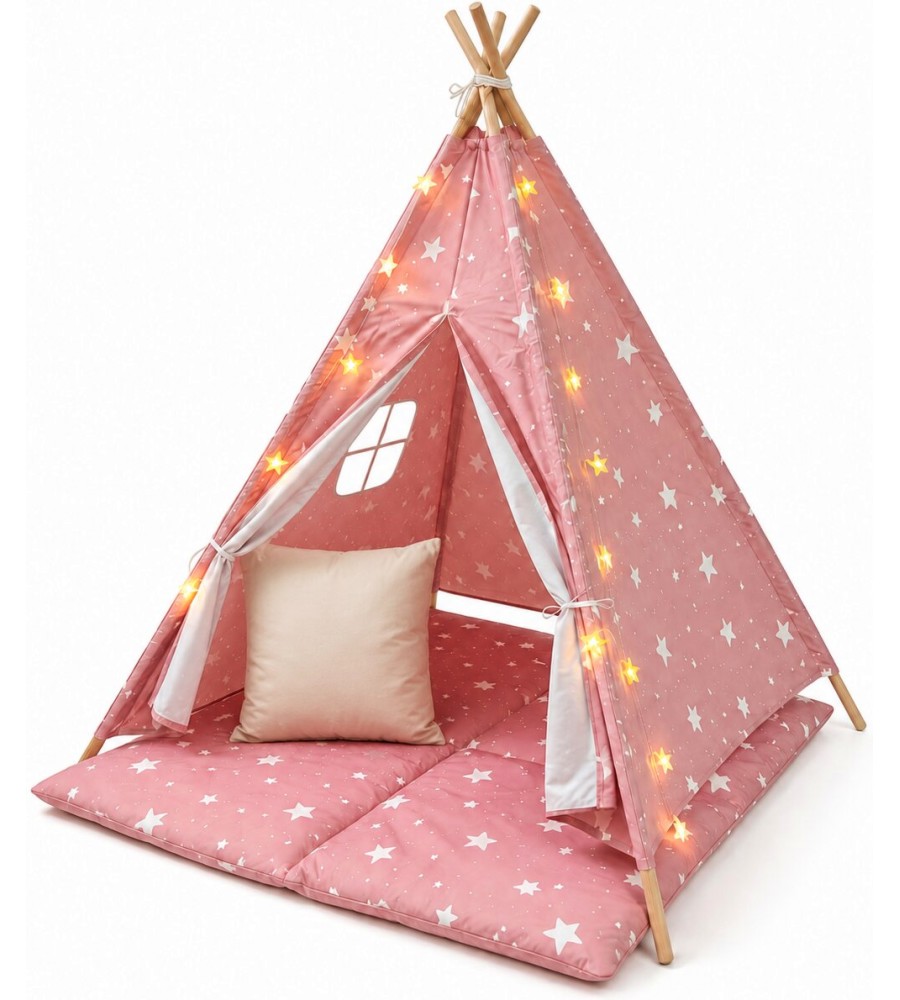Детска палатка типи GINGER HOME Little Stars Детска палатка типи GINGER HOME Little Stars - 120 / 160 / 120 cm, с възглавница и LED лампички - играчка