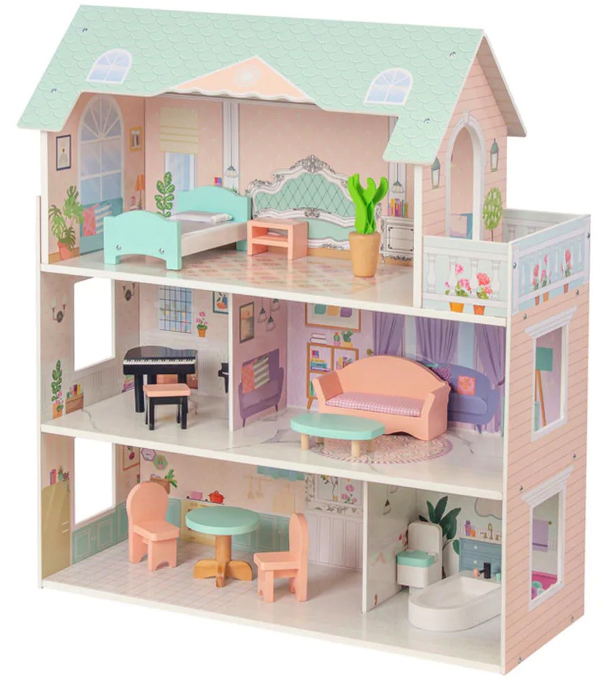 Дървена къща за кукли с тераса Maya Дървена къща за кукли с тераса Maya - играчка