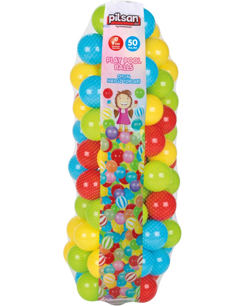 Пластмасови топки за сух басейн - Pilsan Пластмасови топки за сух басейн - Pilsan - 50 броя в мрежа с размер ∅ 9 cm - играчка