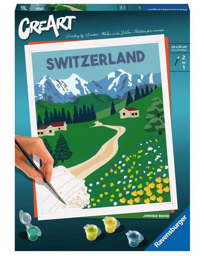 Нарисувай картина на Регион Юнгфрау, Швейцария - Ravensburger Нарисувай картина на Регион Юнгфрау, Швейцария - Ravensburger - Творчески комплект с акрилни бои от серията CreArt - творчески комплект