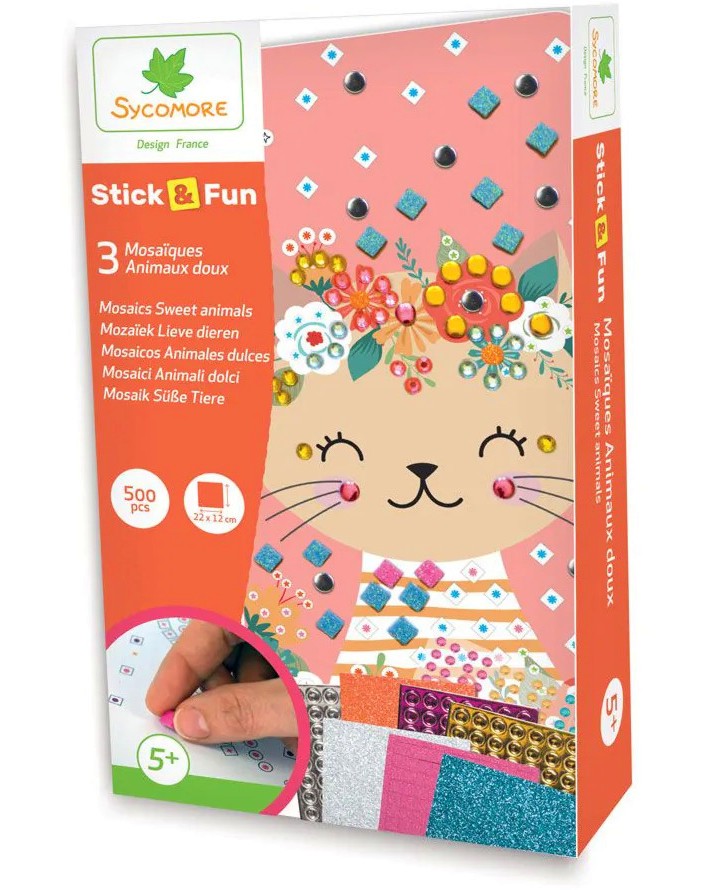 Мозайка Сладки животни - Sycomore - Творчески комплект с EVA пяна от серията Stick and Fun - творчески комплект
