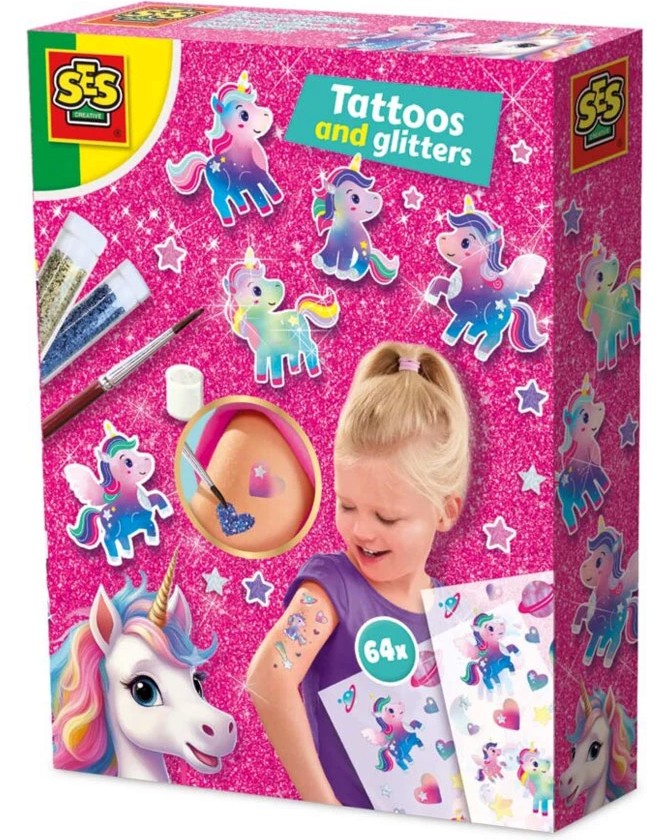 Временни татуировки и брокат с еднорози - SES Creative Временни татуировки и брокат с еднорози - SES Creative - 64 броя - играчка