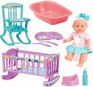 Пишкаща кукла бебе Le Petit - С легло, столче за хранене, корито и аксесоари - играчка