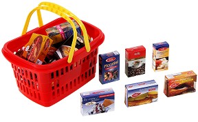 Детска кошница за пазаруване с кутийки за хранителни продукти - играчка