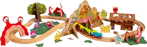 Дървена влакова композиция Чудовищен влак - Bigjigs Toys - С релси и фигурки от серията Rail - играчка