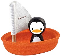 Платноходка с пингвин - Дървена играчка за баня - играчка