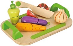 Зеленчуци - Детски дървен комплект с дъска и ножче за рязане - играчка