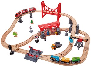Градска железопътна линия - Детски дървен комплект за игра с аксесоари - играчка